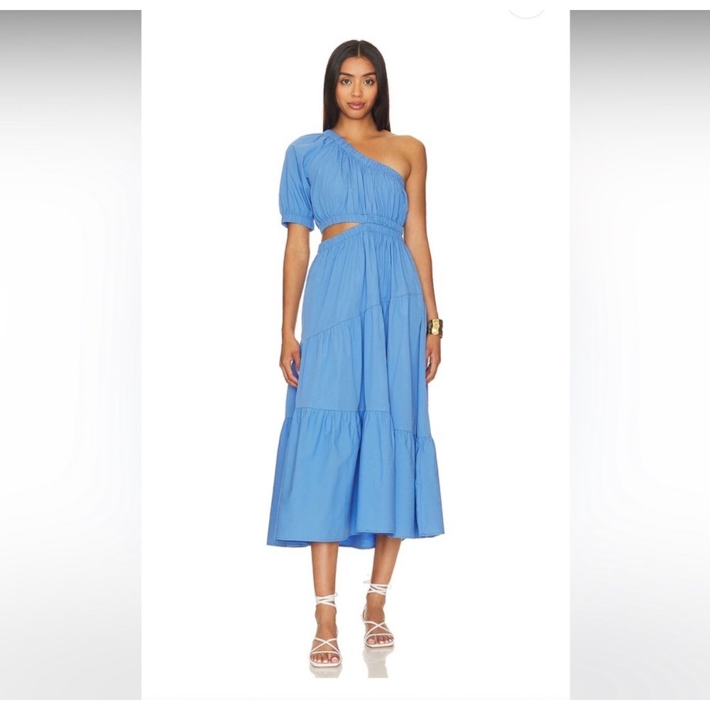 Steve Madden NWT Leena Maxi Dress Blue One Shoulder Cutout Tiered Cotton ‎ L